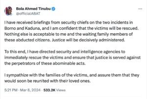 Nigeria President tweeted on this issue regarding the kidnapping issue
